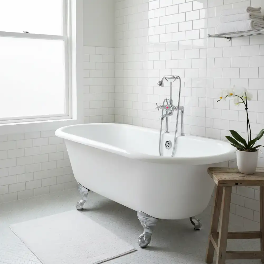 Bathroom tub and tiles bright and shining after deep cleaning
