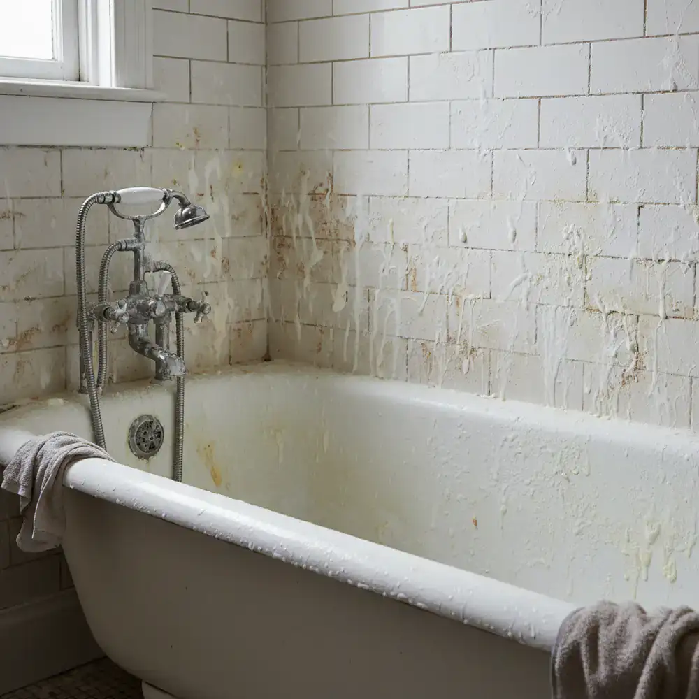 Bathroom tub and tiles covered in heavy soap scum before cleaning