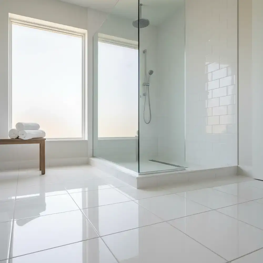 Spotless gleaming bathroom floor and shower after deep cleaning