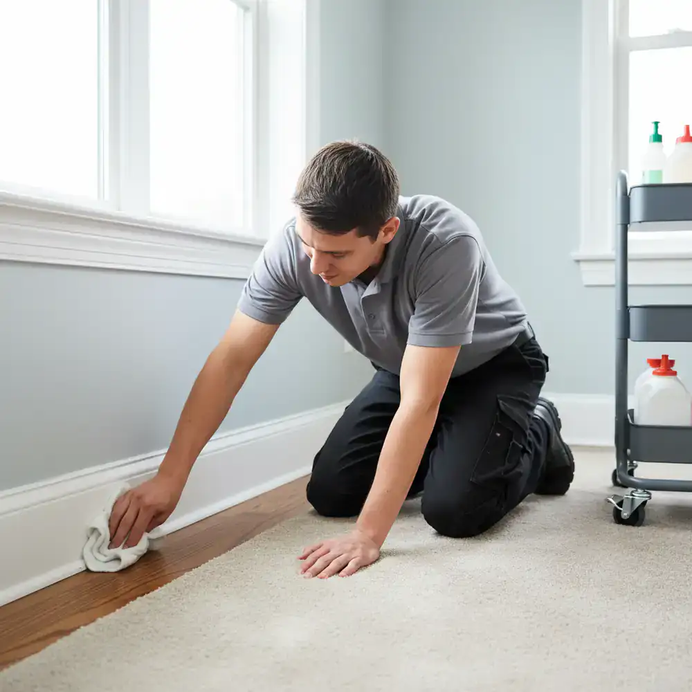 Cleaning crew member wiping down baseboards and trim