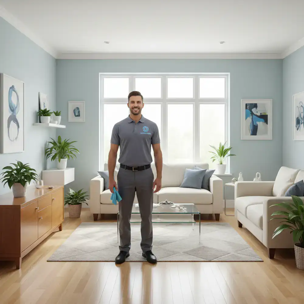 Professional cleaner from DeepClean Crew standing in a spotless living room
