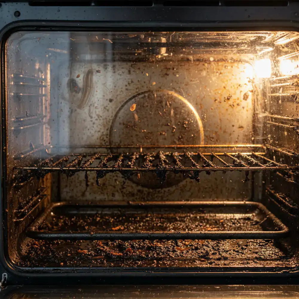 Dirty oven interior before cleaning