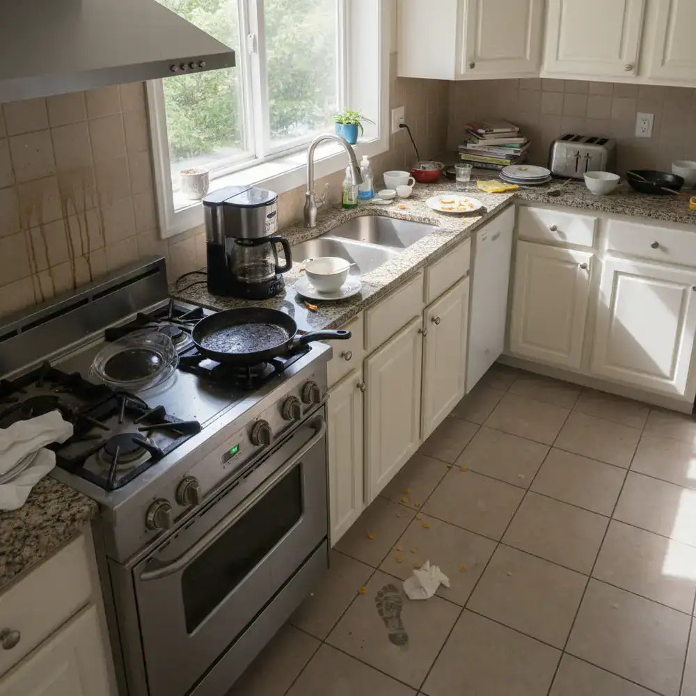 Kitchen with dirty counters and appliances before cleaning