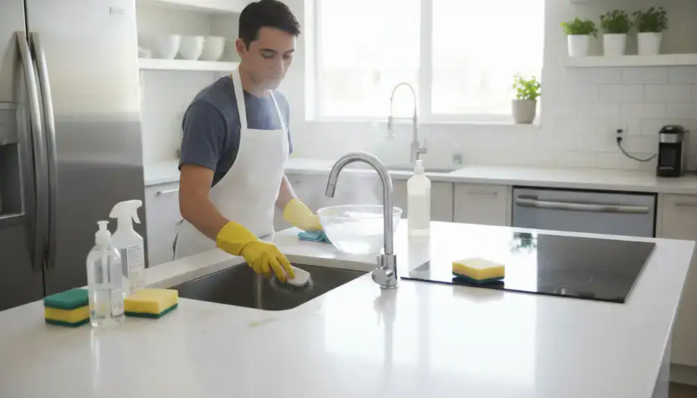 Detailed deep cleaning of a kitchen counter and appliances