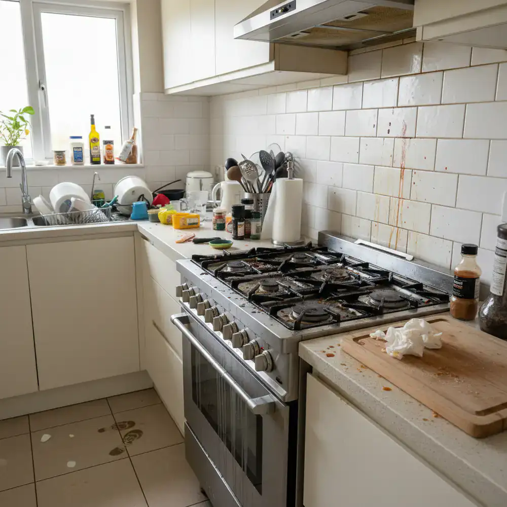 Kitchen surfaces and oven door before deep cleaning