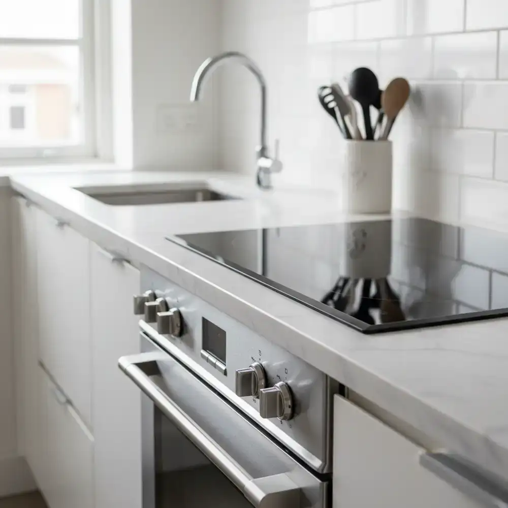 Kitchen surfaces and oven door after deep cleaning