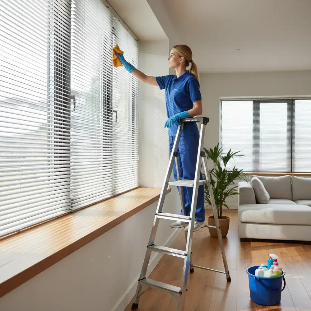 Professional cleaner wiping down high window blinds and ledges