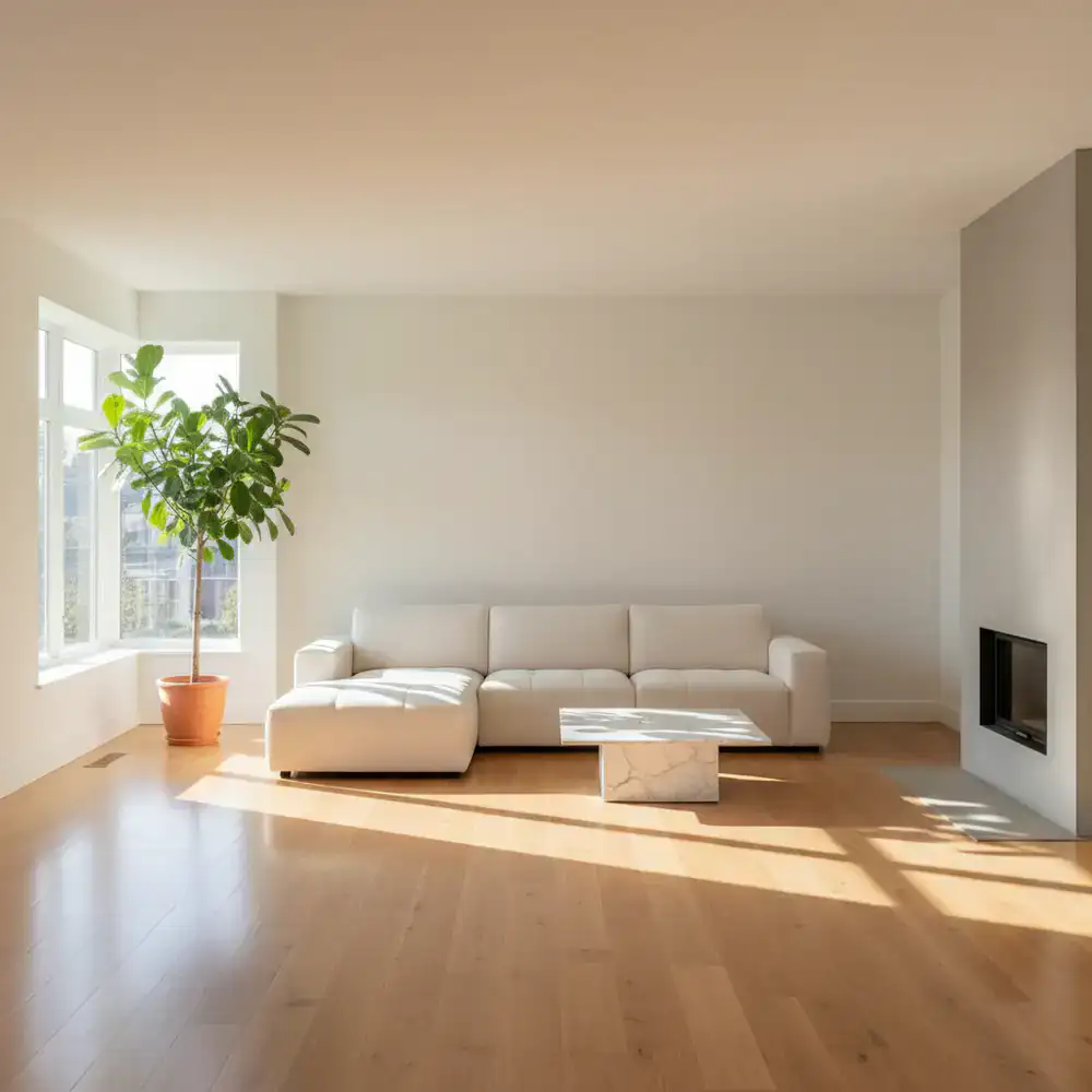Clean, empty living room with sunlight shining in
